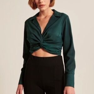 Abercrombie & Fitch Dark Green Teal Cropped Long Sleeve Blouse